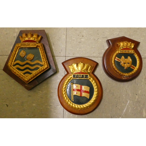 196 - Mounted composition plaques, mostly naval emblems: to include 'Tidereach' and 'Pearleaf'