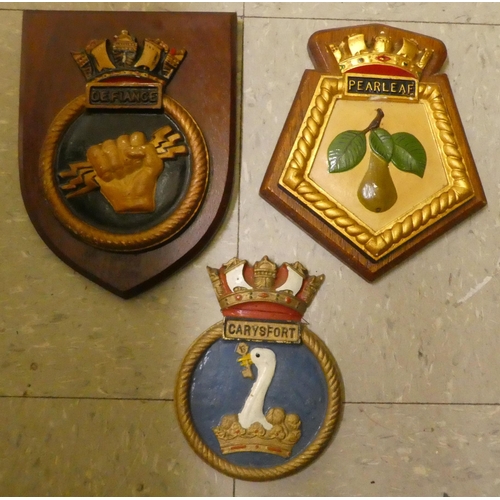 196 - Mounted composition plaques, mostly naval emblems: to include 'Tidereach' and 'Pearleaf'