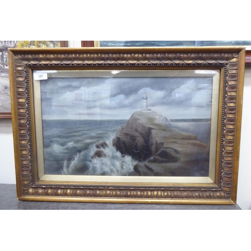 197 - J Draper - a lighthouse on a rocky viewpoint  oil on canvas  bears a signature  11