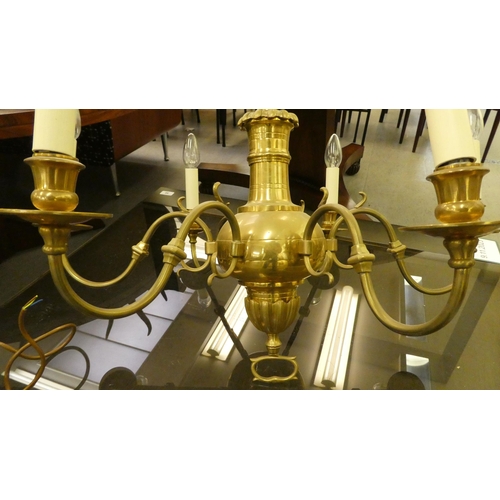 214 - A 20thC Dutch design cast brass, six branch hanging centre light  19