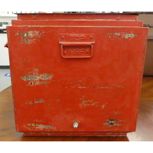 226 - A modern cast and red painted metal bound cool box, branded for 'Coca-Cola'  15