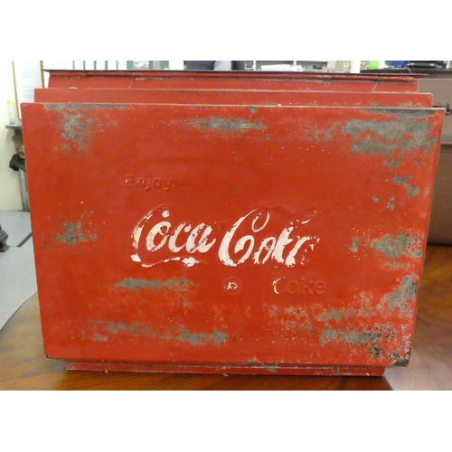 226 - A modern cast and red painted metal bound cool box, branded for 'Coca-Cola'  15