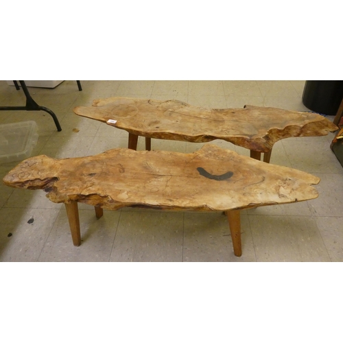 254 - Two rustically constructed elm coffee tables of natural form, raised on tapered legs  15