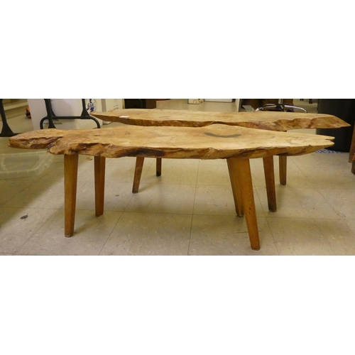 254 - Two rustically constructed elm coffee tables of natural form, raised on tapered legs  15