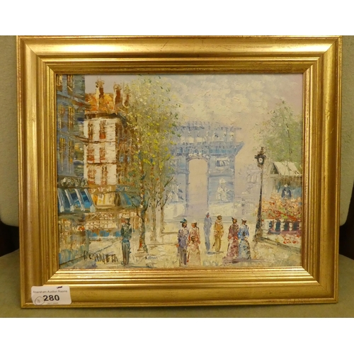 280 - Two works by Burnett - Parisian street scenes  oils on boards  bearing signatures  7