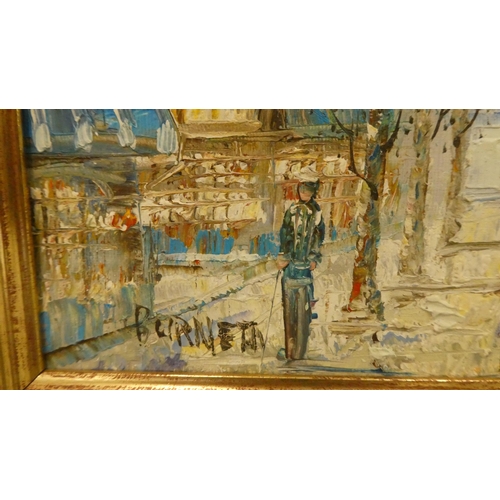 280 - Two works by Burnett - Parisian street scenes  oils on boards  bearing signatures  7