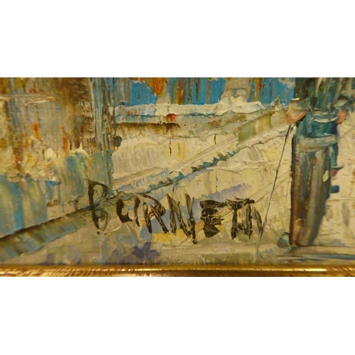 280 - Two works by Burnett - Parisian street scenes  oils on boards  bearing signatures  7