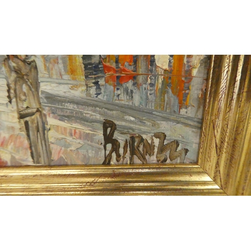 280 - Two works by Burnett - Parisian street scenes  oils on boards  bearing signatures  7