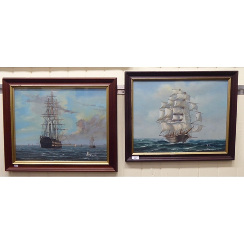 281 - Two works by Ambrose - galleons on choppy seas  oils  bearing signatures  15