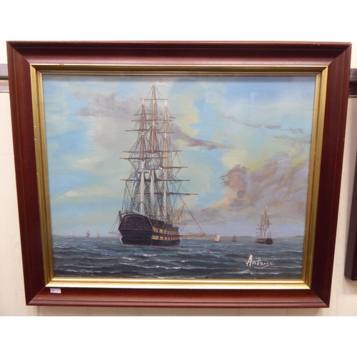 281 - Two works by Ambrose - galleons on choppy seas  oils  bearing signatures  15