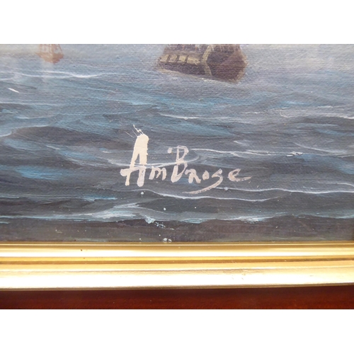 281 - Two works by Ambrose - galleons on choppy seas  oils  bearing signatures  15