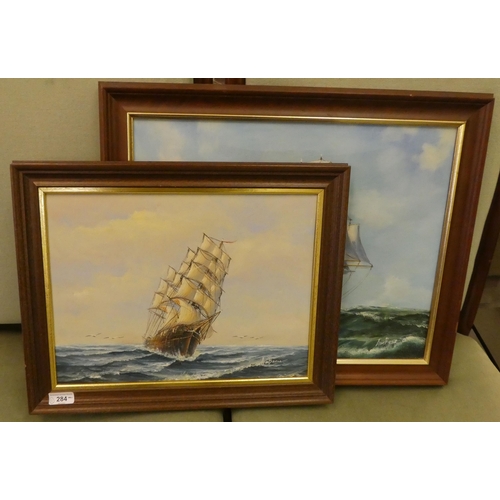 284 - Two works by Ambrose - galleons on choppy seas  oils  bearing signatures  15