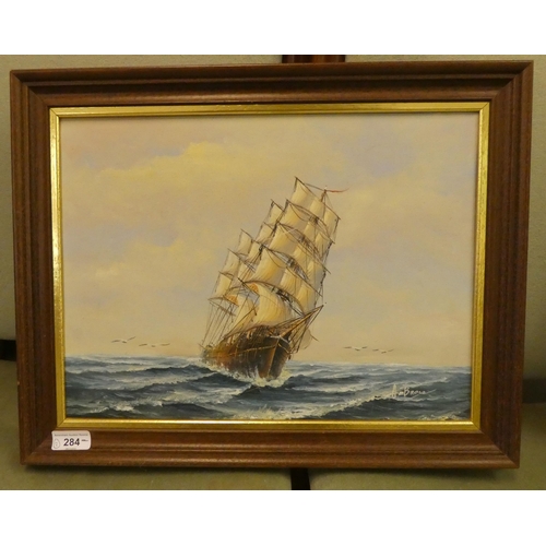 284 - Two works by Ambrose - galleons on choppy seas  oils  bearing signatures  15