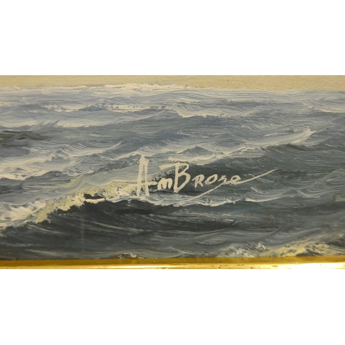 284 - Two works by Ambrose - galleons on choppy seas  oils  bearing signatures  15