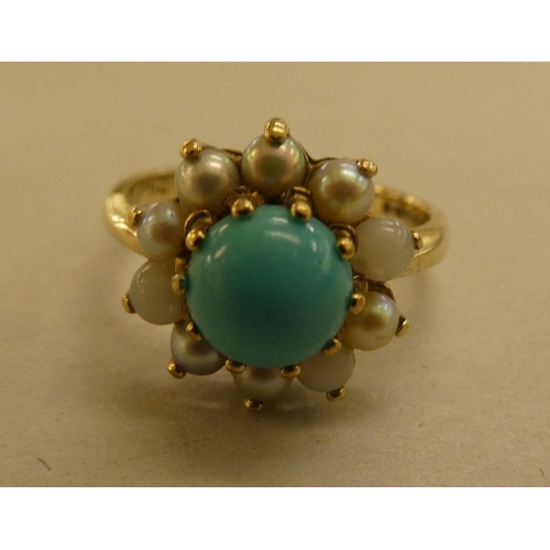 292 - A 9ct gold cluster ring, set with turquoise and seed pearls 