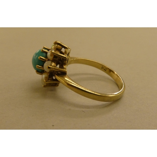 292 - A 9ct gold cluster ring, set with turquoise and seed pearls 