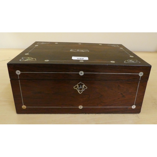 299 - A late Victorian mother-of-pearl inlaid rosewood workbox, the hinged lid enclosing a removable tray&... 