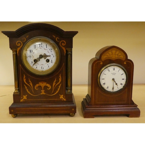 36 - Two dissimilar Edwardian mahogany cased mantle clocks, one faced by an Arabic dial  11.75