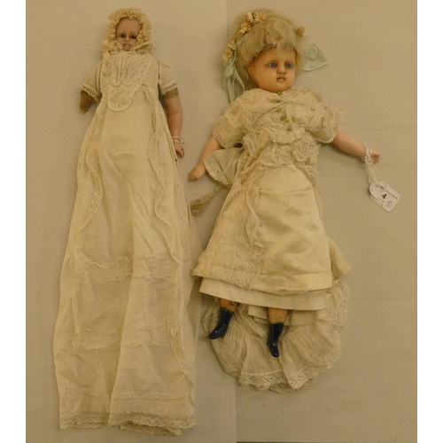 4 - Two late 19thC wax head dolls, each with a fabric body and partial limbs  14