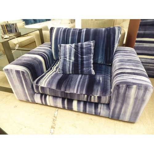 57 - A modern box design settee with a low back, upholstered in striped blue/grey fabric with a cushioned... 