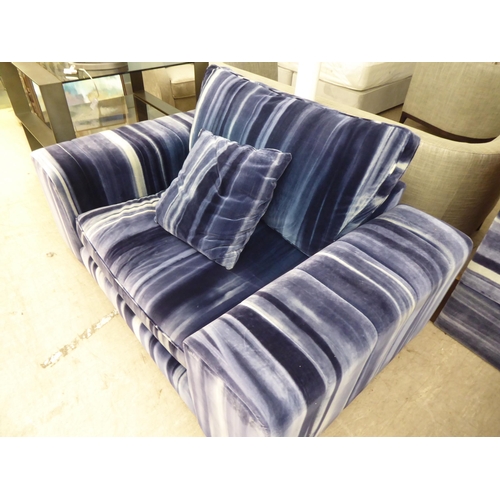 57 - A modern box design settee with a low back, upholstered in striped blue/grey fabric with a cushioned... 