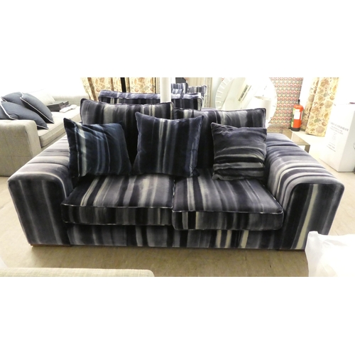 58 - A modern box design settee with a low back, upholstered in striped blue/grey fabric with a cushioned... 