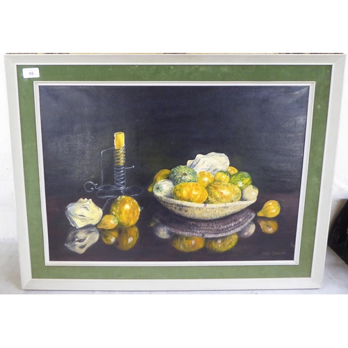 66 - Three oil paintings: to include Marie Denney - 'Gourds'  bears a signature & an Art Exhibit... 