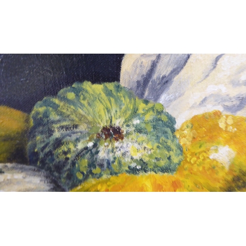 66 - Three oil paintings: to include Marie Denney - 'Gourds'  bears a signature & an Art Exhibit... 