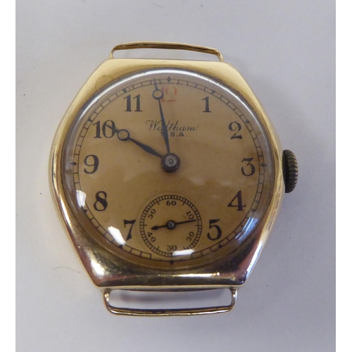 70 - A 9ct gold cased Waltham, USA wristwatch only, the movement faced by an Arabic dial with subsidiary ... 