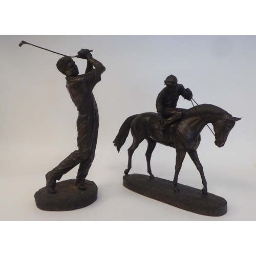 78 - Two modern bronze effect composition statues, viz. a golfer in mid swing by David Hermes  Limit... 