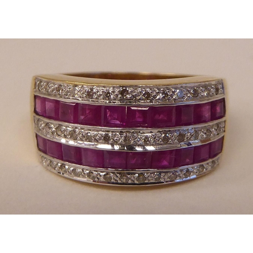 93 - A 9ct gold ring, set with rows of rubies and diamonds