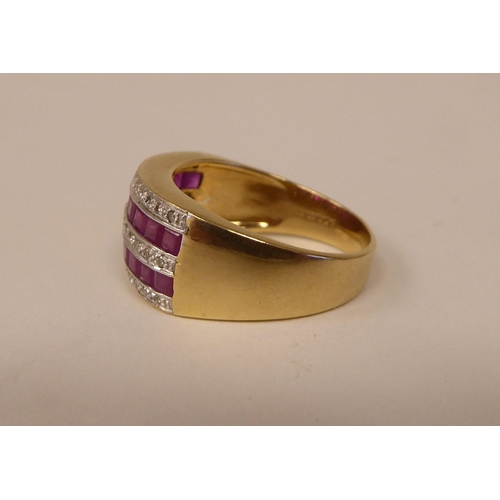 93 - A 9ct gold ring, set with rows of rubies and diamonds