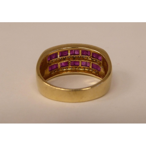 93 - A 9ct gold ring, set with rows of rubies and diamonds