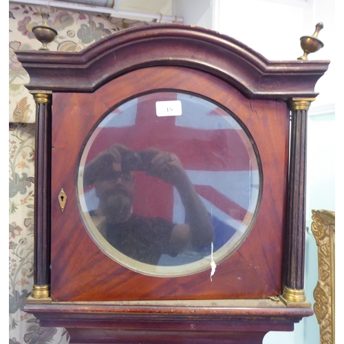 15 - A 19thC mahogany longcase clock case, decorated with a pair of finials  79