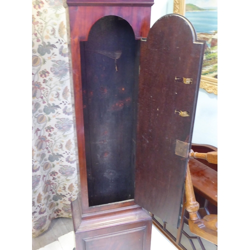 15 - A 19thC mahogany longcase clock case, decorated with a pair of finials  79