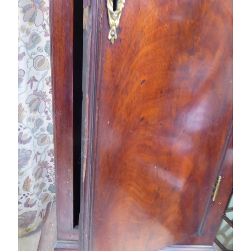 15 - A 19thC mahogany longcase clock case, decorated with a pair of finials  79