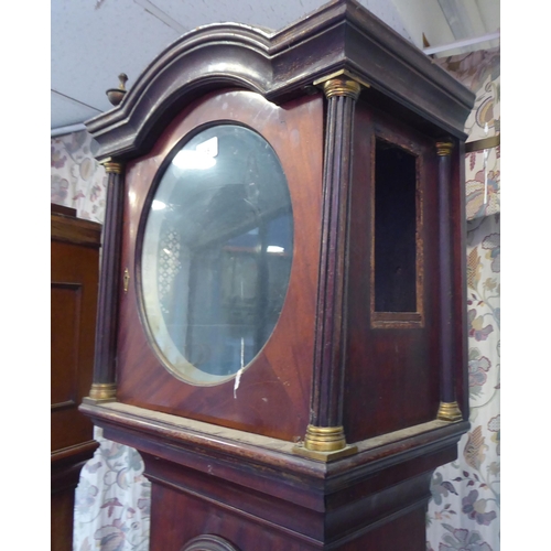 15 - A 19thC mahogany longcase clock case, decorated with a pair of finials  79