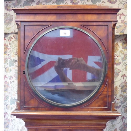 16 - A 19thC mahogany longcase clock case, decorated with a pair of finials  79