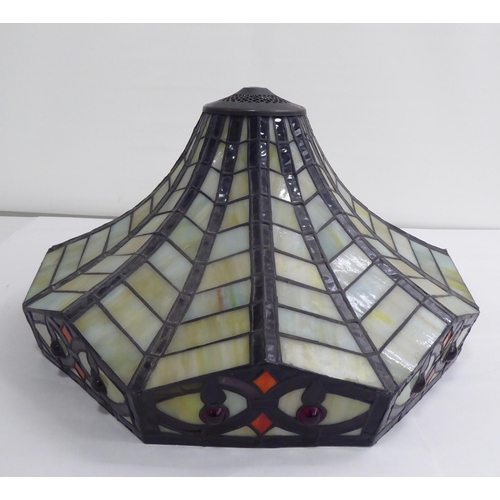 27 - Four dissimilar Tiffany inspired, coloured panel, lead glazed centre light shades  largest 18