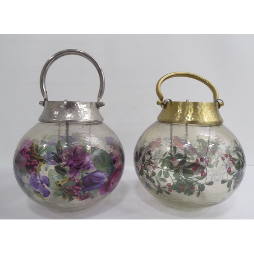 41 - Interior design accessories: to include four floral painted gilt vases of bulbous form with swing ha... 