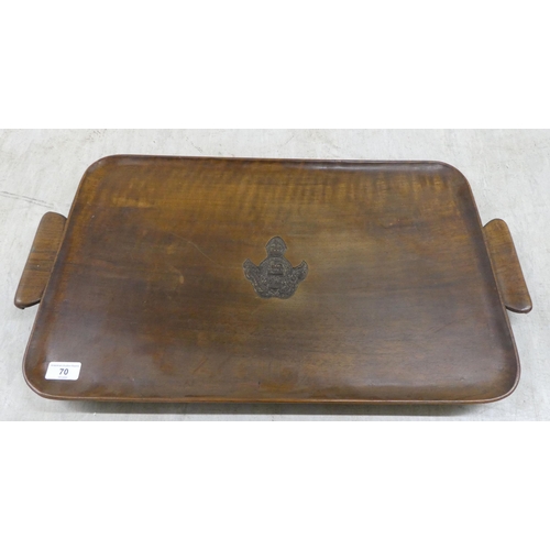 70 - Wooden collectables: to include a military related fruitwood tray, carved with an emblem for South W... 