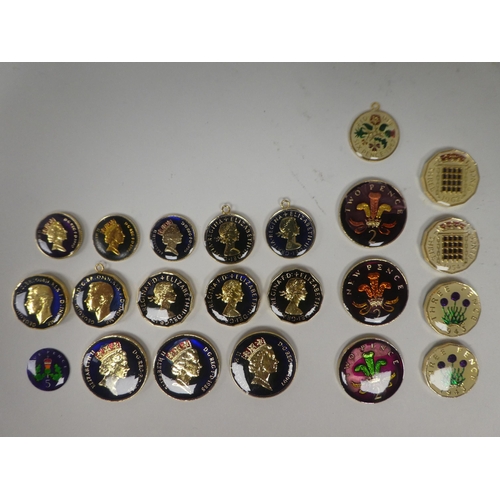 106 - Uncollated enamelled British coins, some with pendant mounts