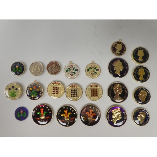 106 - Uncollated enamelled British coins, some with pendant mounts