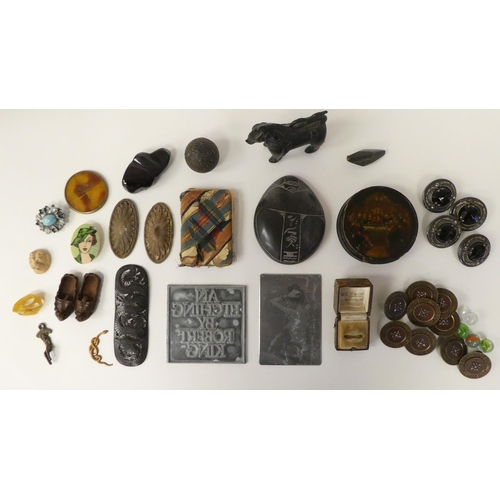 118 - A mixed lot: to include Celtic themed brooches; and a two-part black lacquered box, decorated with a... 