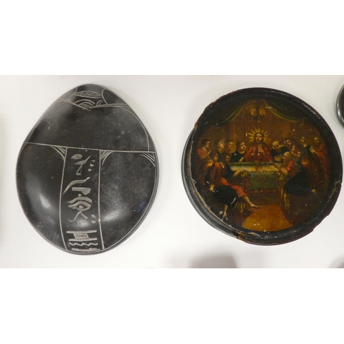 118 - A mixed lot: to include Celtic themed brooches; and a two-part black lacquered box, decorated with a... 