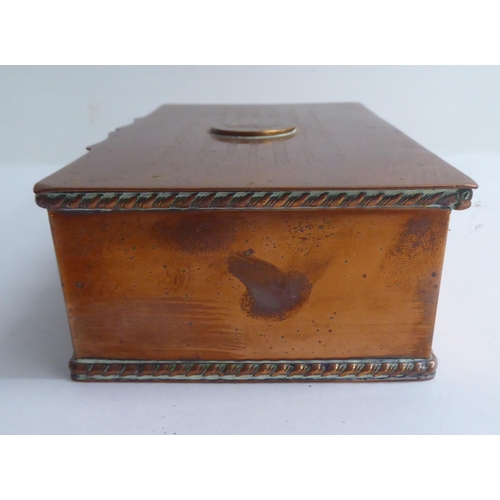 125 - A copper cigarette box with straight sides and a hinged lid, bearing a presentation inscription to L... 