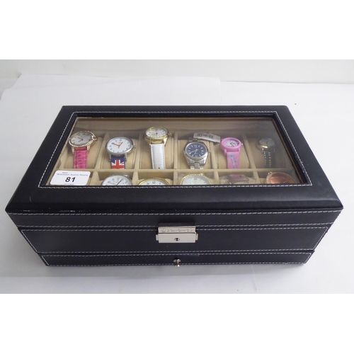 195 - Fourteen variously cased and strapped wristwatches; and some spare straps, in a watch box