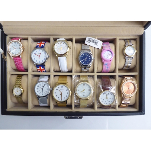 195 - Fourteen variously cased and strapped wristwatches; and some spare straps, in a watch box