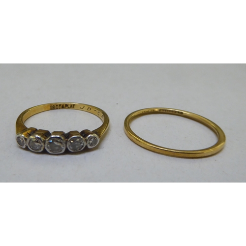 296 - An 18ct gold wedding ring; and a 18ct gold ring, set with five white stones