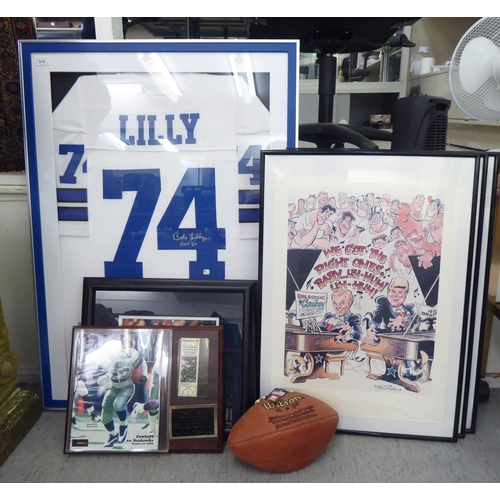 310 - NFL Dallas cowboy themed sporting memorabilia: to include a framed and signed Bob Lilly no.74 strip;... 